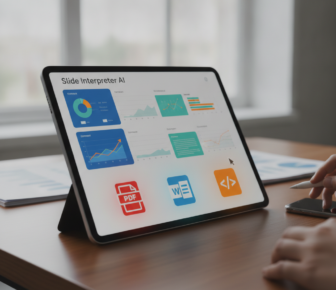 Tablet displaying Slide Interpreter AI with charts and export icons