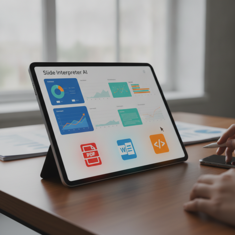 Tablet displaying Slide Interpreter AI with charts and export icons