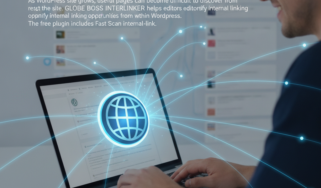 Man using WordPress laptop with internal linking network graphic