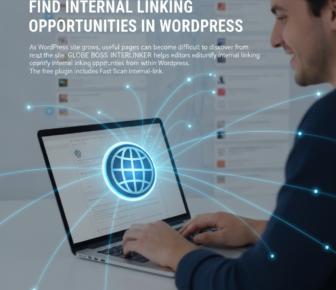 Man using WordPress laptop with internal linking network graphic