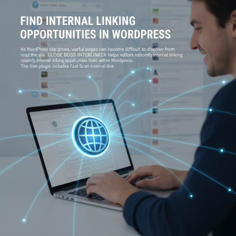 Man using WordPress laptop with internal linking network graphic