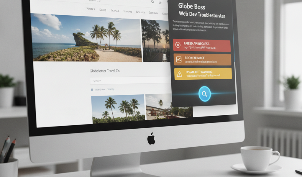 Desktop displaying travel website with web development error notifications