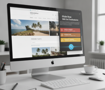 Desktop displaying travel website with web development error notifications