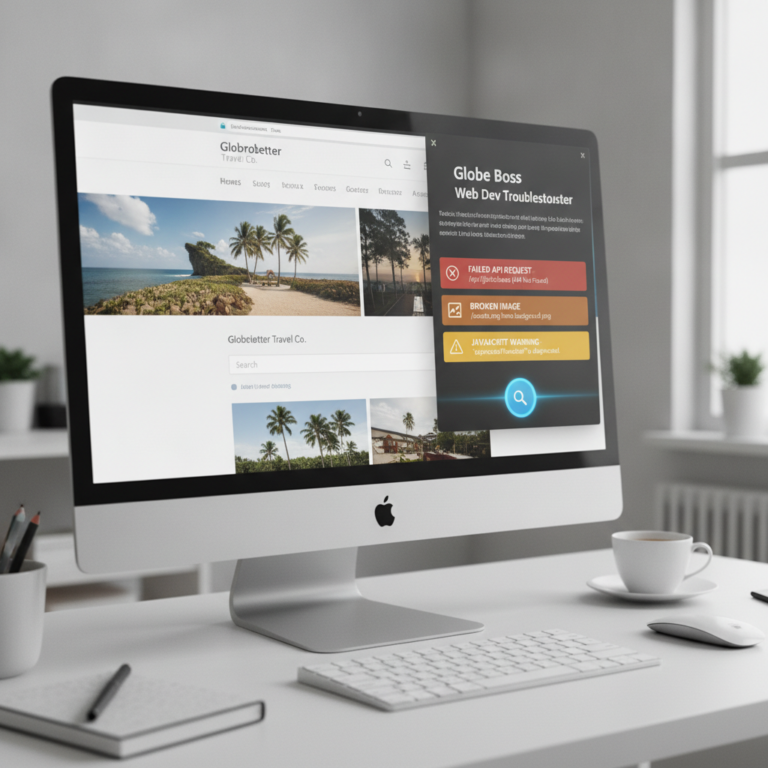 Desktop displaying travel website with web development error notifications