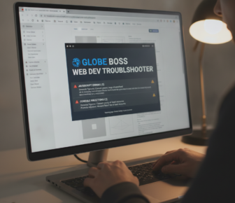Developer troubleshooting JavaScript errors on laptop screen