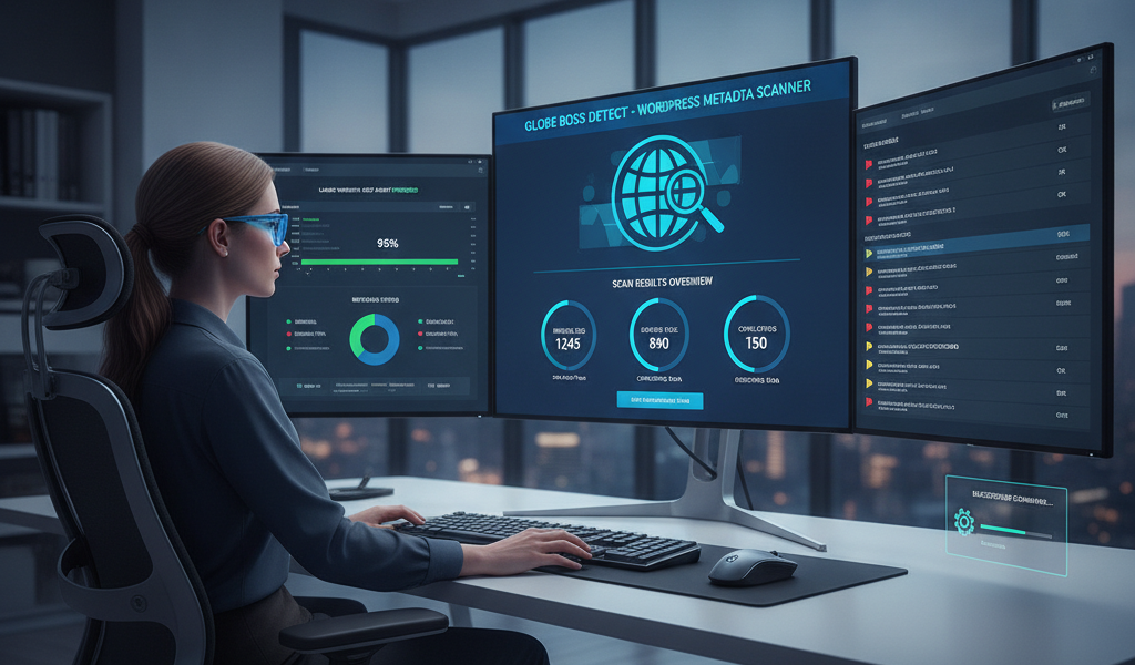 Woman monitoring WordPress metadata scanner across three computer screens