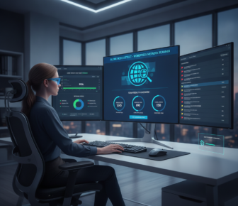 Woman monitoring WordPress metadata scanner across three computer screens