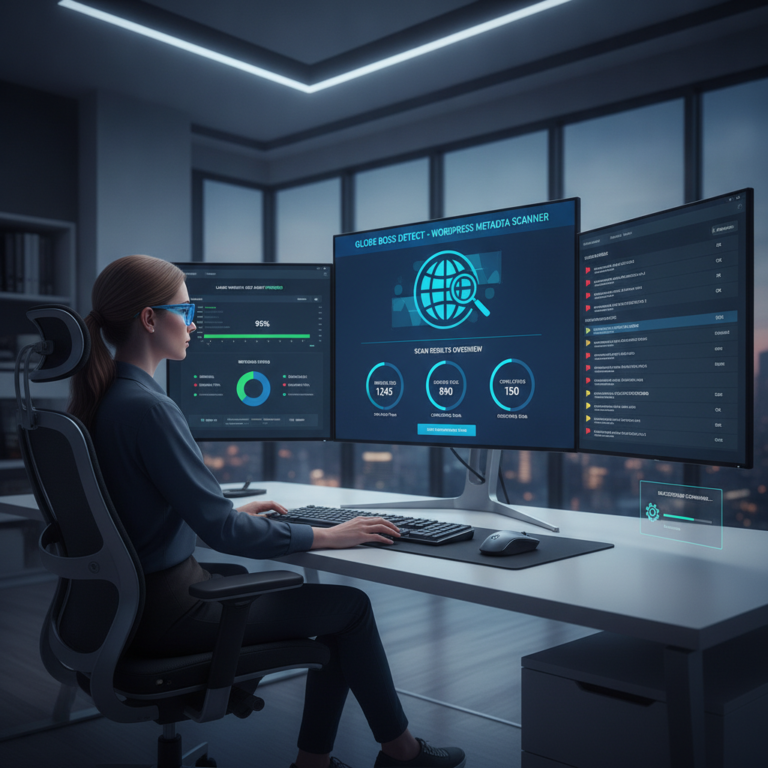 Woman monitoring WordPress metadata scanner across three computer screens