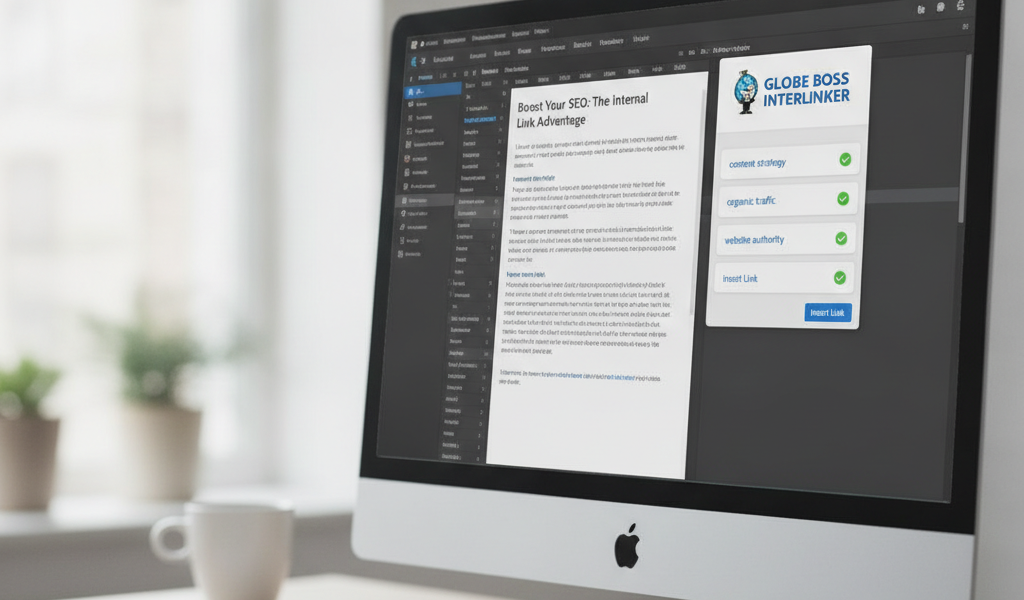 Desktop displaying SEO article editor and Globe Boss Interlinker panel