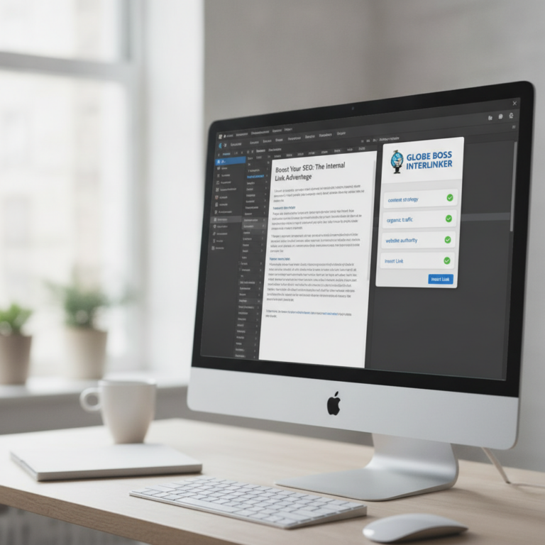 Desktop displaying SEO article editor and Globe Boss Interlinker panel