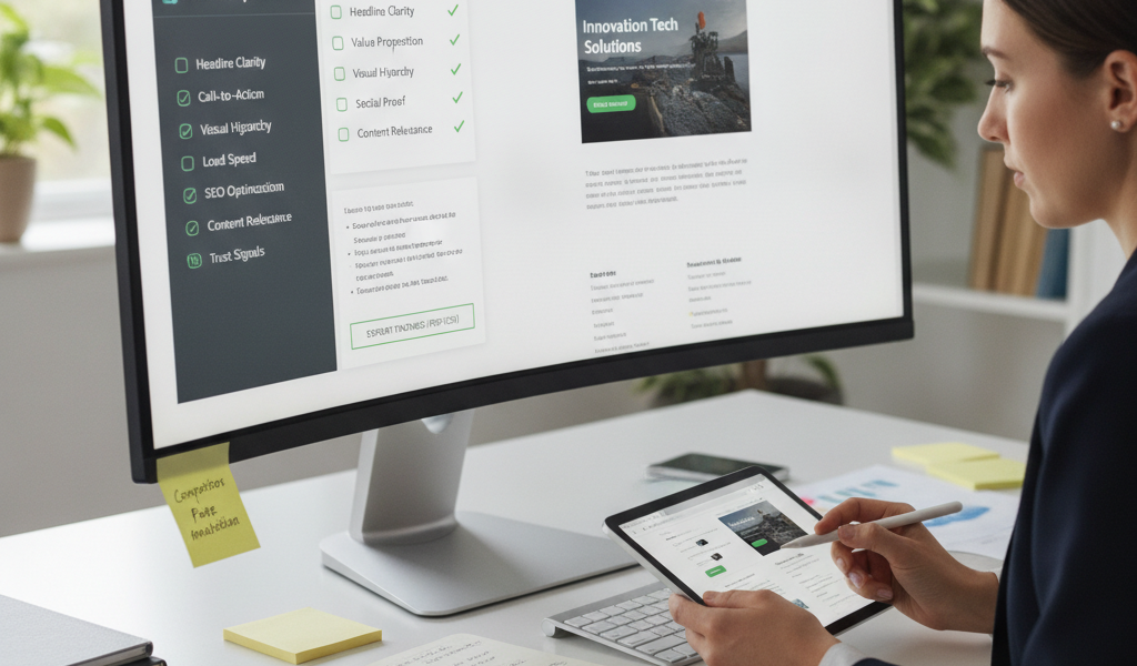 Woman reviewing AI slide optimisation dashboard on desktop and tablet
