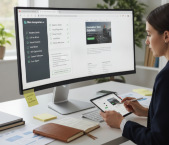 Woman reviewing AI slide optimisation dashboard on desktop and tablet
