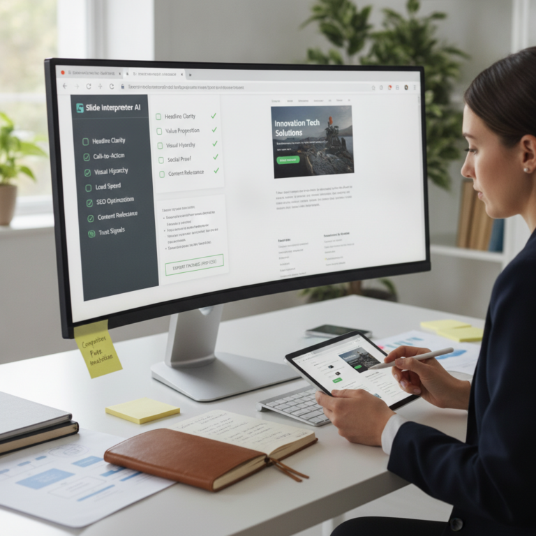Woman reviewing AI slide optimisation dashboard on desktop and tablet
