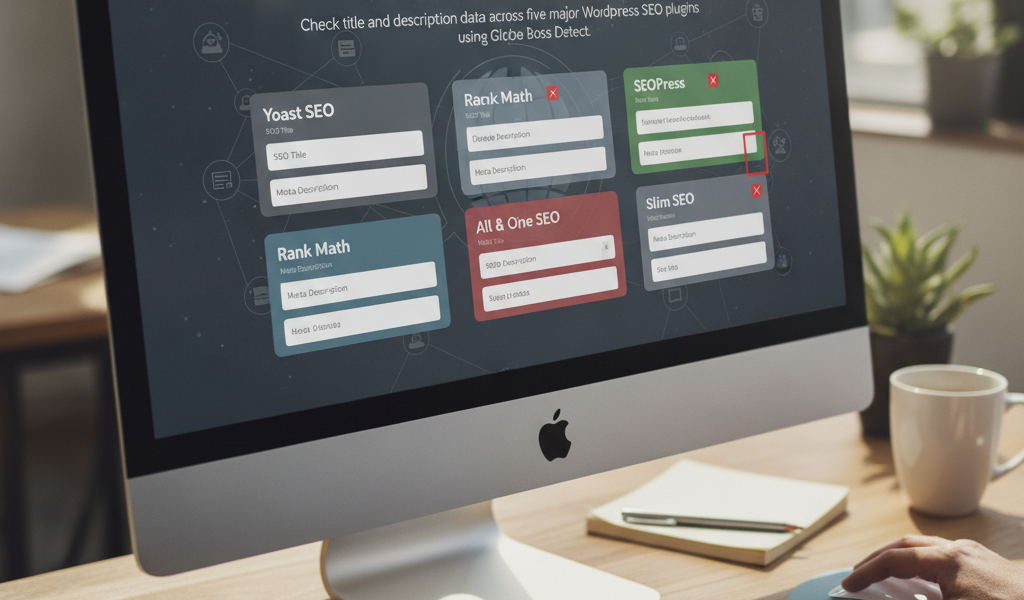 Desktop screen showing WordPress SEO plugin metadata audit dashboard