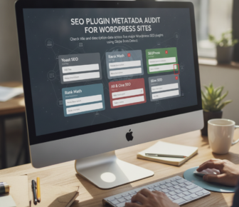 Desktop screen showing WordPress SEO plugin metadata audit dashboard