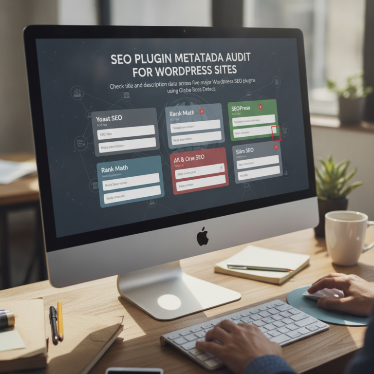 Desktop screen showing WordPress SEO plugin metadata audit dashboard