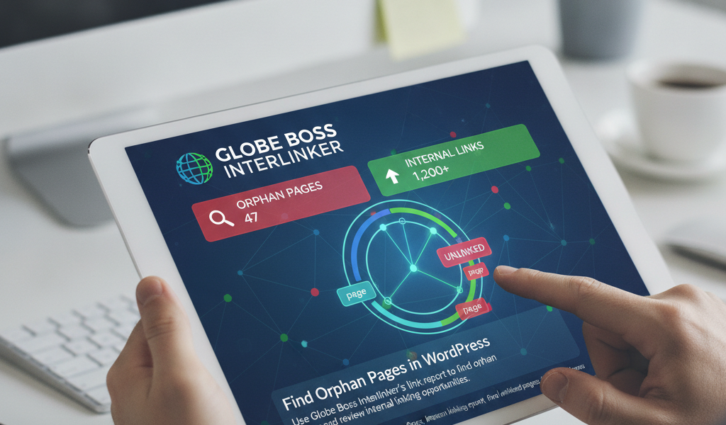 Person using tablet displaying internal link analysis dashboard