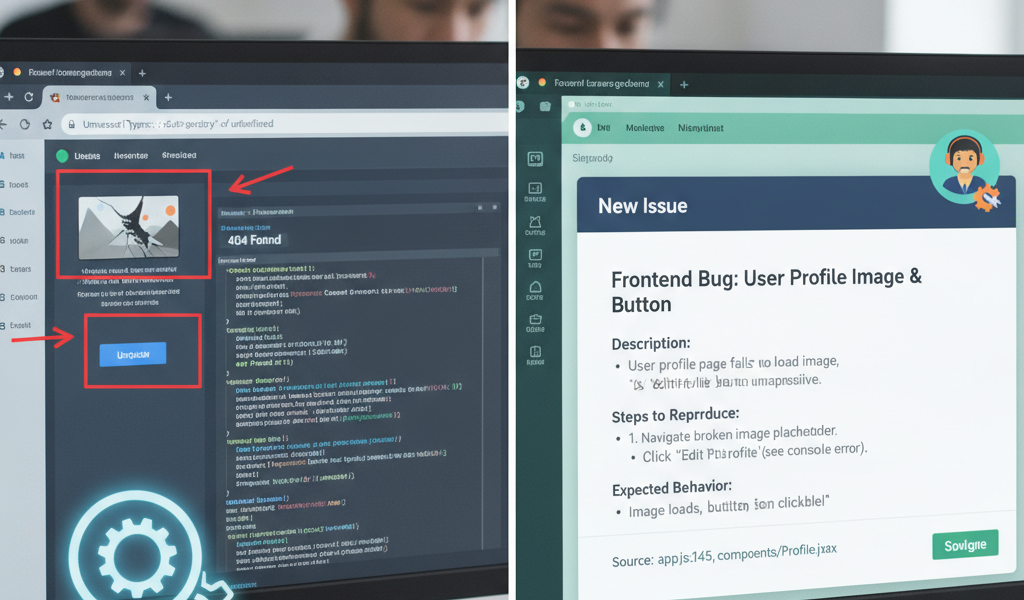 Split-screen showing web bug report for broken profile image button