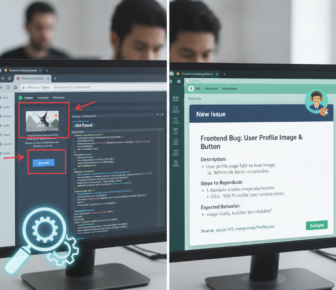 Split-screen showing web bug report for broken profile image button