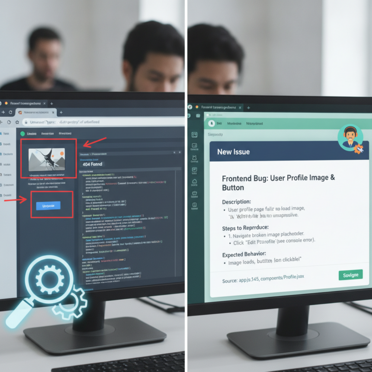 Split-screen showing web bug report for broken profile image button