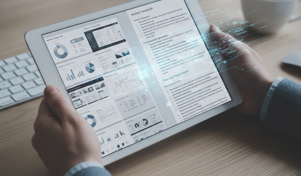 Businessperson viewing analytics dashboards and holographic data on tablet