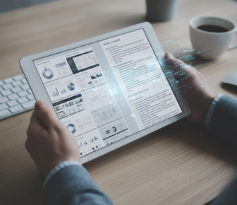 Businessperson viewing analytics dashboards and holographic data on tablet