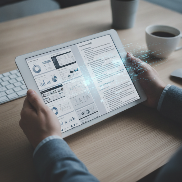 Businessperson viewing analytics dashboards and holographic data on tablet